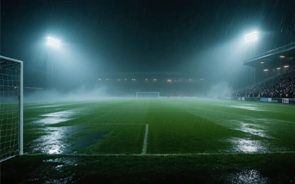 夜晚球场在雨雾中灯光明亮，草皮反光，营造紧张比赛氛围